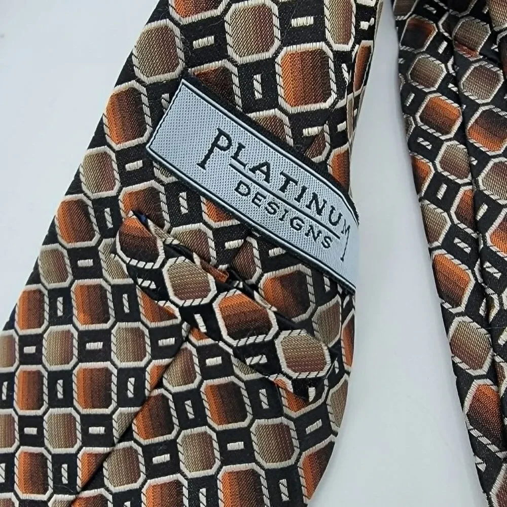 Platinum Designs Silk Tie Black Brown Geometric Necktie 63 x 4